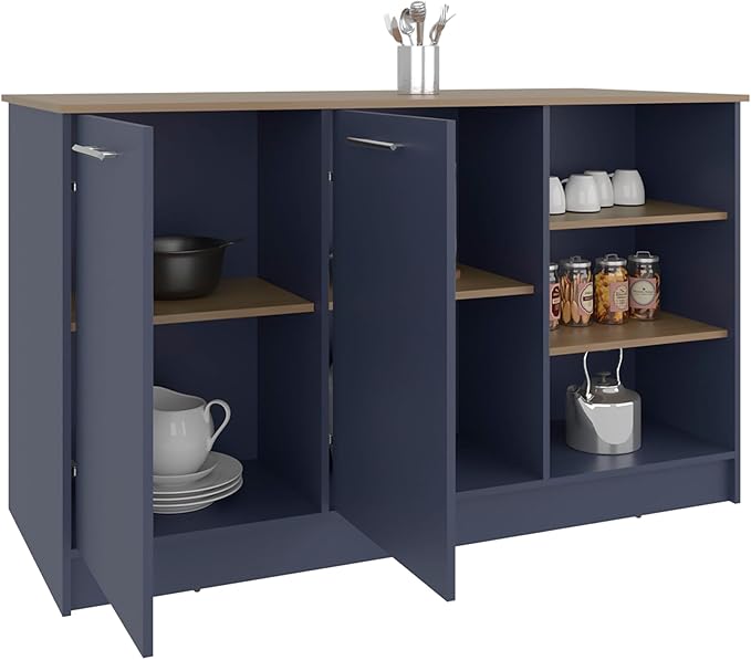 GOWE Ginger Kitchen Island, Three Open Shelves, Two Cabinets Doors with Interior Storage Option, Floorstanding Island, Kitchen Organizer and Decor
