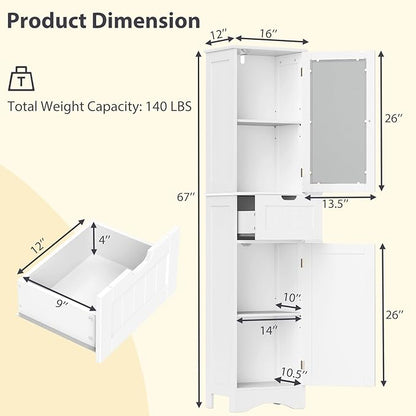 COSTWAY 67” Tall Bathroom Storage Cabinet, Freestanding Floor Cabinet with 2 Doors & 1 Drawer, 3-Level Adjustable Shelves, Narrow Slim Linen Tower for Bathroom, Living Room, Kitchen (White)