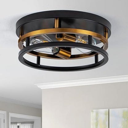 Antique Gold Bronze Flush Mount Light, Electroplated Bronze & Black 2-Light Fixture for Kitchen Hallway Bedroom, Low Profile E26 Close-to-Ceiling Lighting (Single Unit)