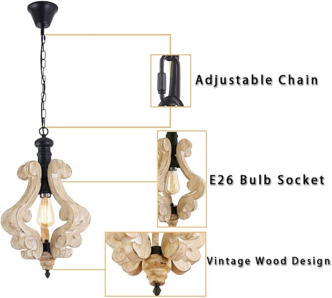 Kitchen Light Fixtures,Farmhouse Pendant Light Single Adjustable Rustic Wooden Hanging Island Chandelier