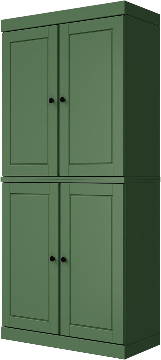 Palace Imports Solid Wood Kitchen Pantry Cabinet - 71.5" Tall x 32" Wide - Wooden Storage Cabinet with 4 Doors & Adjustable Shelves, Green, 100% Renewable Eco-Friendly Wood, Made in Brazil