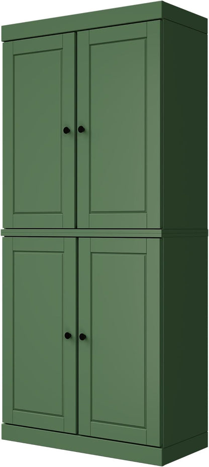 Palace Imports Solid Wood Kitchen Pantry Cabinet - 71.5" Tall x 32" Wide - Wooden Storage Cabinet with 4 Doors & Adjustable Shelves, Green, 100% Renewable Eco-Friendly Wood, Made in Brazil