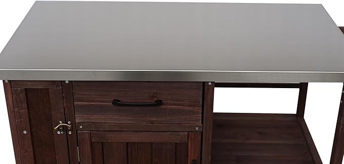 MERITLINE Outdoor Kitchen Island with Stainless Steel Top, Lockable Wheels & Towel Rack, Mobile BBQ Prep Cart with Hidden Cabinet, Drawer, Shelves for Patio, Garden, Backyard, Dark Brown