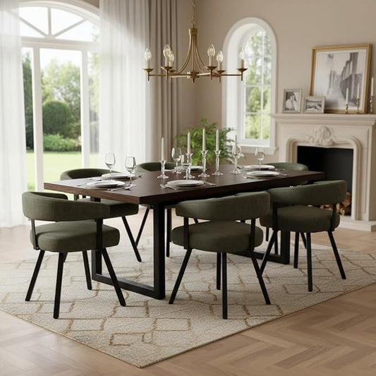 Modern Barrel Dining Chairs Set of 6, Green PU Leather Upholstered Dining Room Chairs with Arms, Comfy Kitchen Chairs with Black Metal Legs for Dinner Living Room