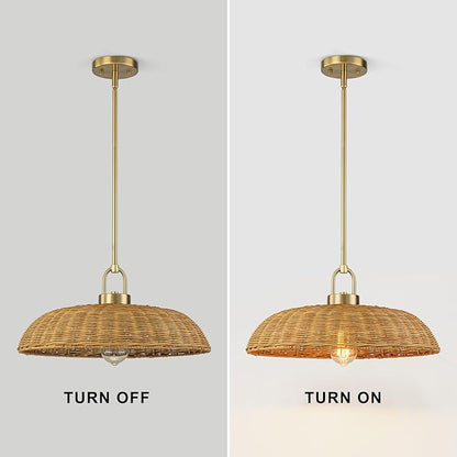 Lingkai 18.1'' Farmhouse Weaving Rattan Chandelier, Coastal Chandelier Hand Woven Rattan Dome Pendant Lighting Fixture Boho Natural Basket Hanging Light for Living Room Kitchen Dining Room