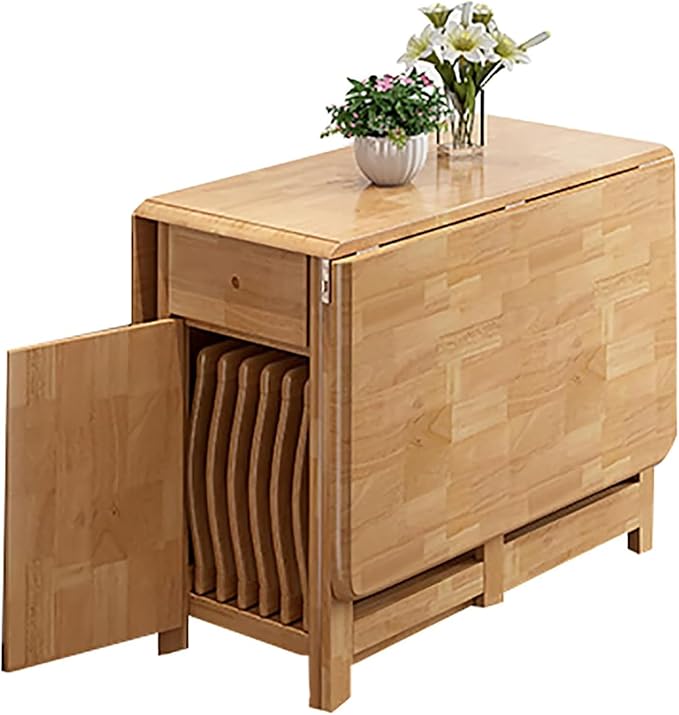 Solid Wood Folding Dining Table,Expandable Drop Leaf Island Kitchen Table with Drawers,Rectangular Dining Table Small Space Foldable Table with Wheels,No Chairs(51" W x 34.5" D x 29.5" H, Natural)