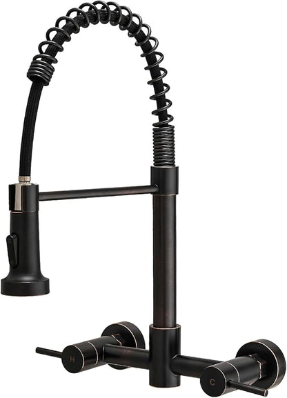 AIMADI Oil Rubbed Bronze Kitchen Faucet Wall Mount 8 Inch Center,Commercial Spring Kitchen Sink Faucet with Pull Down Sprayer,Dual Handle Farmhouse Contemporary