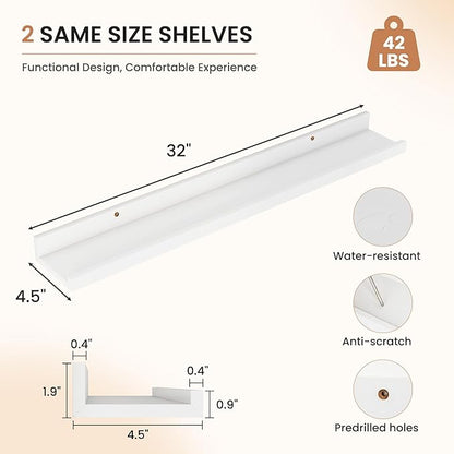 Dreamland Picture Ledge Shelf for Wall, Floating Shelves Set of 2, 32 Inch Long Floating Shelves with Lip for Living Room, Bedroom, Bathroom, Kitchen, White