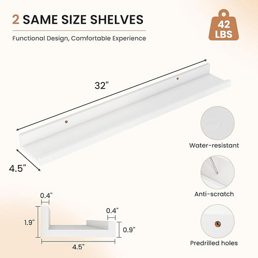 Dreamland Picture Ledge Shelf for Wall, Floating Shelves Set of 2, 32 Inch Long Floating Shelves with Lip for Living Room, Bedroom, Bathroom, Kitchen, White