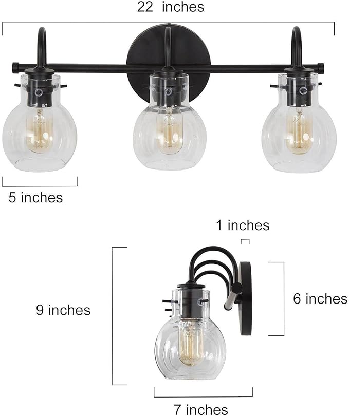 KSANA Black Bathroom Light Fixtures, 3-Light Modern Farmhouse Black Vanity Light with Clear Glass Shade Over Mirror for Hallway, Kitchen, Bedroom, and Living Room