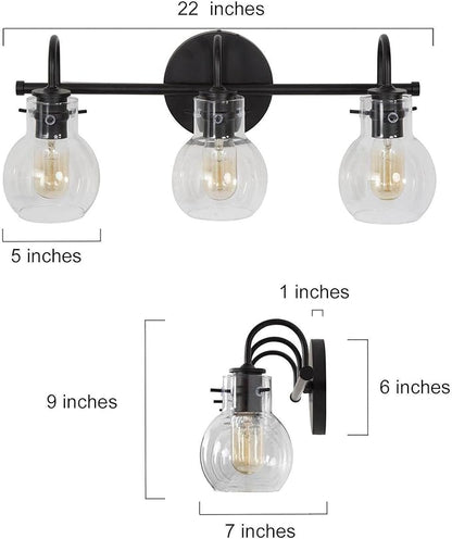 KSANA Black Bathroom Light Fixtures, 3-Light Modern Farmhouse Black Vanity Light with Clear Glass Shade Over Mirror for Hallway, Kitchen, Bedroom, and Living Room