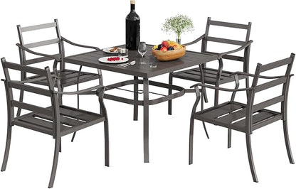 EROMMY 5-Piece Outdoor Patio Dining Set, 4 Metal Slat Chairs & Square Table with Umbrella Hole, All-Weather Patio Furniture for Backyard, Deck and Garden