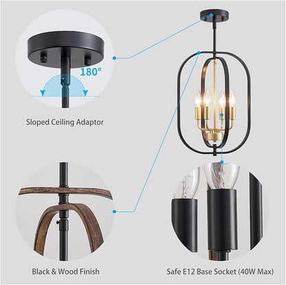 XINGQI Small Chandeliers for Dining Room, 12.2" Modern Farmhouse Pendant Lighting Fixture Rustic Metal 4-Light Black and Wood Grain Finish for Entryway Bedroom Hallway Foyer Kitchen Office Bar