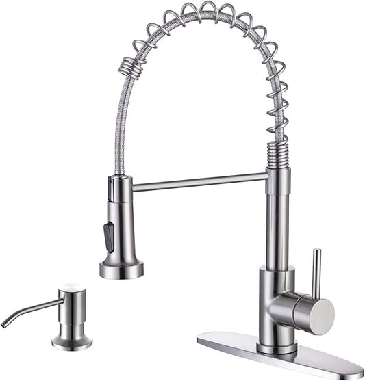 WEWE Kitchen Sink Faucet with Soap Dispenser, Kitchen Faucet with Pull Down Sprayer Stainless Steel Single Handle High Arc Pull Out Brushed Nickel Faucet for Bar Laundry RV Utility Sink