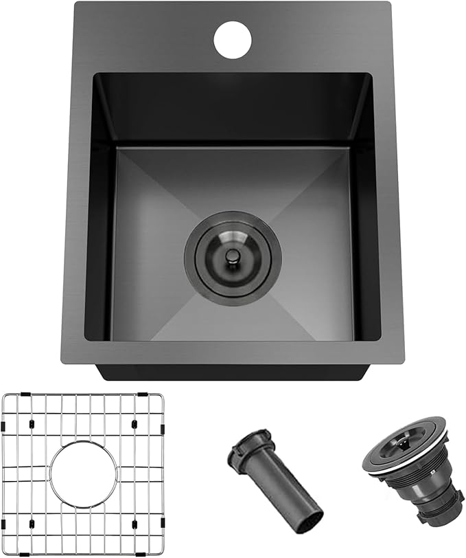13x15 Inch Black Bar Sink Drop In Kitchen Sink, Topmount Stainless Steel Square Small Sinks, Single Bowl Kitchen Sinks for Laundry Wet Bar Prep RV Office Outdoor Yard with Grid & Drain