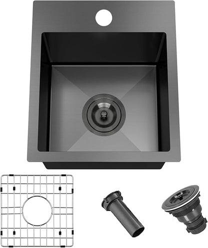 13x15 Inch Black Bar Sink Drop In Kitchen Sink, Topmount Stainless Steel Square Small Sinks, Single Bowl Kitchen Sinks for Laundry Wet Bar Prep RV Office Outdoor Yard with Grid & Drain