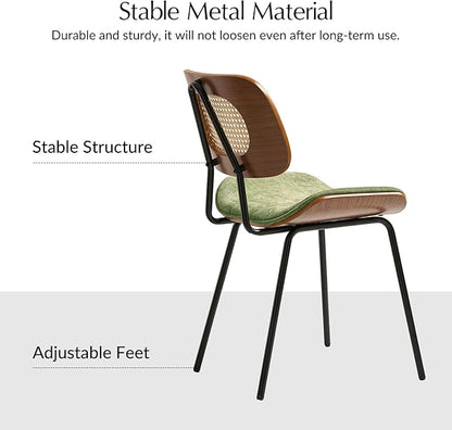 HULALA HOME Rattan Dining Chairs Set of 6, Green Farmhouse Upholstered Kitchen Chairs Set with Square Cane Backrest, Metal Legs for Dining Living Room Resurant Cafe - Moss