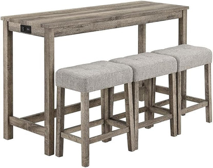 4 Piece Dining Table Set with 3 Stools, Small Kitchen Table Set Kitchen Island Table with Power Outlet, Space Saving Bar Industrial Bar Table and Chairs Set,for Living Dining Game Room,Brown