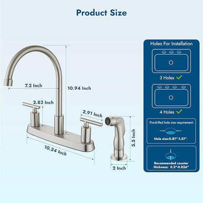 Kitchen Faucets, High Arc 360°Rotating Spout Kitchen Sink Faucet, 2 Handle 8 Inch Centerset RV Kitchen Faucet with Supply Lines, 3 or 4 Hole Kitchen Faucet with Side Sprayer, Brushed Nickel