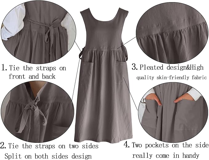 Women Plus Size Cotton Linen Vintage Pleated Split Apron Pinafore Dress with Two Pockets