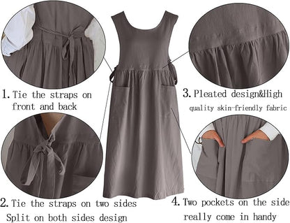 Women Plus Size Cotton Linen Vintage Pleated Split Apron Pinafore Dress with Two Pockets