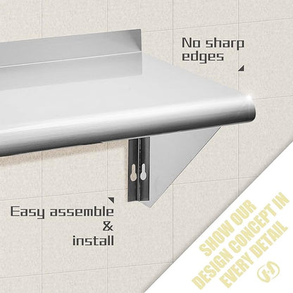 Hally Stainless Steel Shelf 14 x 48 Inches, 350 lb, Commercial Wall Mount Floating Shelving for Restaurant, Kitchen, Home and Hotel