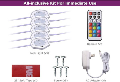 PureOptics LED 5-Pack Color Changing LED Puck Light Kit with Remote (LEDUC-PUCK-5RGB)