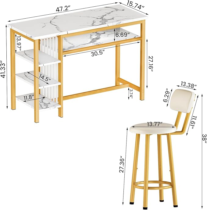 Lamerge Furniture Kitchen Bar Height Table and Chairs for 2, 5-Tier Compact Dining Room Table, White Faux Marble Top and 2 PU Leather Upholstered Seat, Modern Diningroom Set for Home/Studio/Office