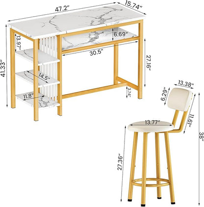 Lamerge Furniture Kitchen Bar Height Table and Chairs for 2, 5-Tier Compact Dining Room Table, White Faux Marble Top and 2 PU Leather Upholstered Seat, Modern Diningroom Set for Home/Studio/Office