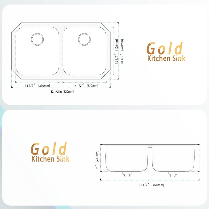 LQS Brushed Gold Kitchen Sink, 32 Inch Undermount Kitchen Sink Gold, Double Kitchen Sink Stainless Steel with Two Sink Strainers and Two Sink Grids