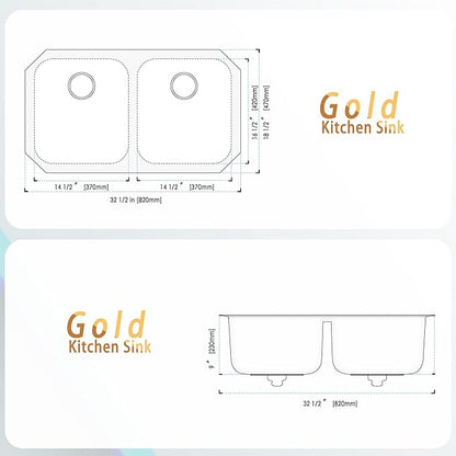 LQS Brushed Gold Kitchen Sink, 32 Inch Undermount Kitchen Sink Gold, Double Kitchen Sink Stainless Steel with Two Sink Strainers and Two Sink Grids