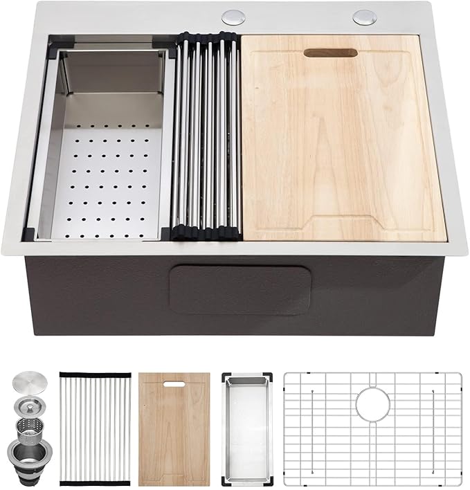Kichae 25 Inch Drop In Kitchen Sink Workstation - 25" x 22" Drop-In Kitchen Sink 16 Gauge Stainless Steel Single Bowl Ledge Workstation 25 Inch Handmade Basin