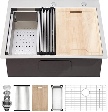 Kichae 25 Inch Drop In Kitchen Sink Workstation - 25" x 22" Drop-In Kitchen Sink 16 Gauge Stainless Steel Single Bowl Ledge Workstation 25 Inch Handmade Basin