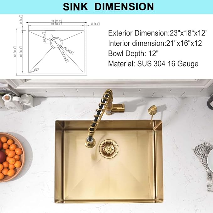 23 Inch Undermount Laundry Sink Gold-Wesliv 23x18x12 Gold Utility Sink Undermount Laundry Room Sink Deep Single Bowl 16 Gauge Stainless Steel Utility Sink with Bottom Grid