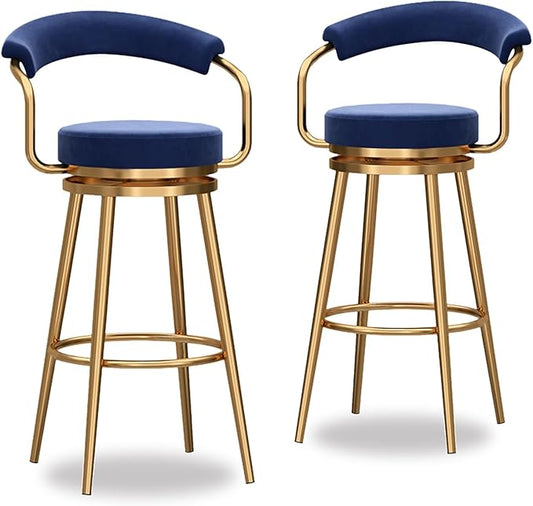 Round Height Stools of 1, Velvet with Open Back, Tall Armless Chairs, stools Metal Frame for Kitchen Island, Seat 75cm, Blue (2pcs Seat Height 75cm)