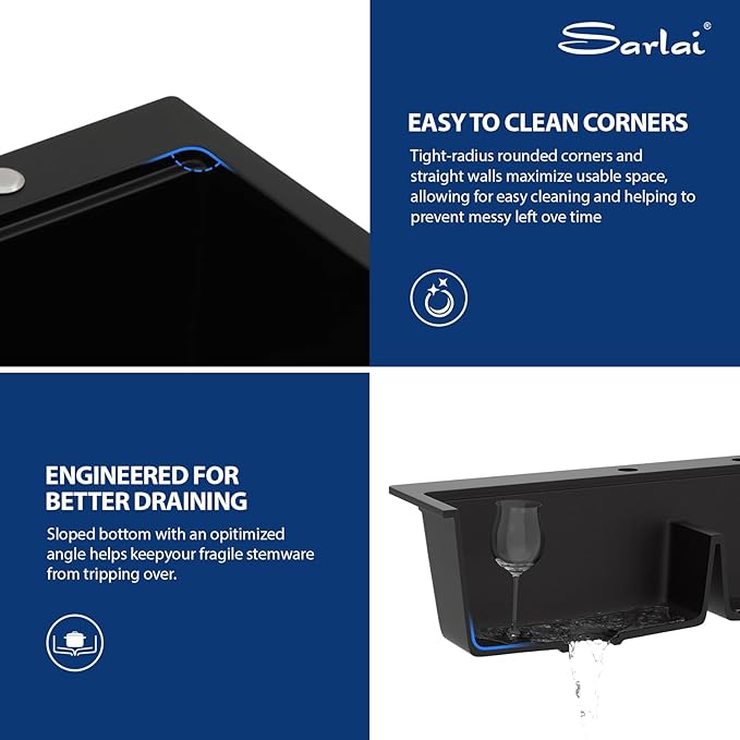 Sarlai 33 Granite Composite Kitchen Sink Double Bowl - 33"x22" Black Granite Kitchen Sink Drop In Ledge Workstation Double Bowl 60/40 Low Divided Quartz Composite Above Counter