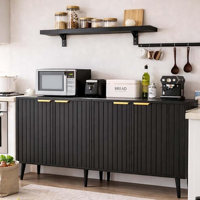 Pamapic Black Fluted Storage Cabinet, Sideboard Buffet with Doors and Shelf, Wooden Console Table & Credenza, Multifunctional Entryway Cabinet for Living Room, Dining Room (Black)