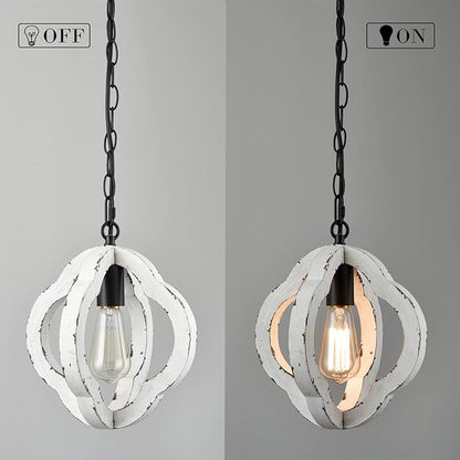 SAMTEEN Farmhouse Wood Pendant Light Distressed White Wood Chandelier Lighting with Adjustable Chain Wooden Hanging Light Fixtures for Kitchen Island Dining Room Bedroom