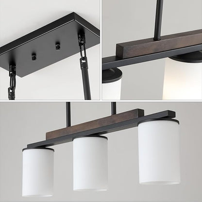 Mecgirn Farmhouse Dining Room Light Fixtures Over Table, Black Pendant Lights for Kitchen Island with Milk Glass Shade, 3 Light Linear Chandelier Lighting with Wood