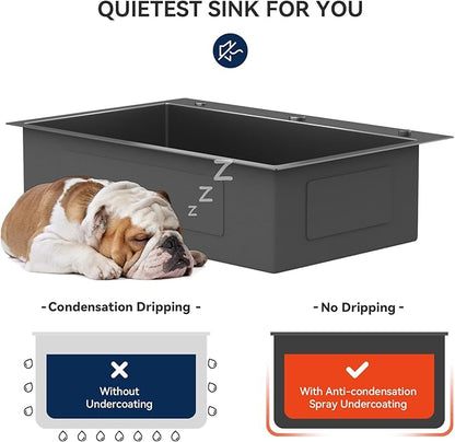 Lordear 33 Inch Drop In Black Kitchen Sink with Faucet Combo - 16 Gauge Stainless Steel 33x22 Single Bowl Black Drop In Kitchen Sink with All Accessories