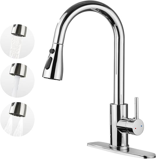 Kitchen Faucet with Pull Down Sprayer，Stainless Steel Single Handle Kitchen Faucet，1/3 Hole, Deck Plate Included，Suitable for farmhouses, Campers, Laundry Rooms, RVs, and Bars (Chrome)