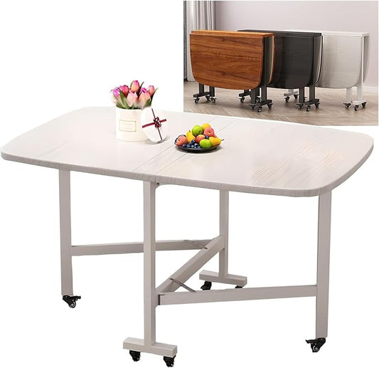 Wooden Foldable Kitchen Table with 6Wheels, Multifunction Table Drop Leaf Dining Table, Multifunction Expandable Folding Table for Small Spaces Kitchen, Bedroom, Living Room, Carbon Steel Pipe Bracket