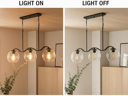 Farmhouse Linear 3-Light Black Chandelier with Wavy Arms, Kitchen Island Pendant Light Fixture with Clear Glass Globe Shades, Ceiling Hanging Lighting for Dining Room Table, Bar