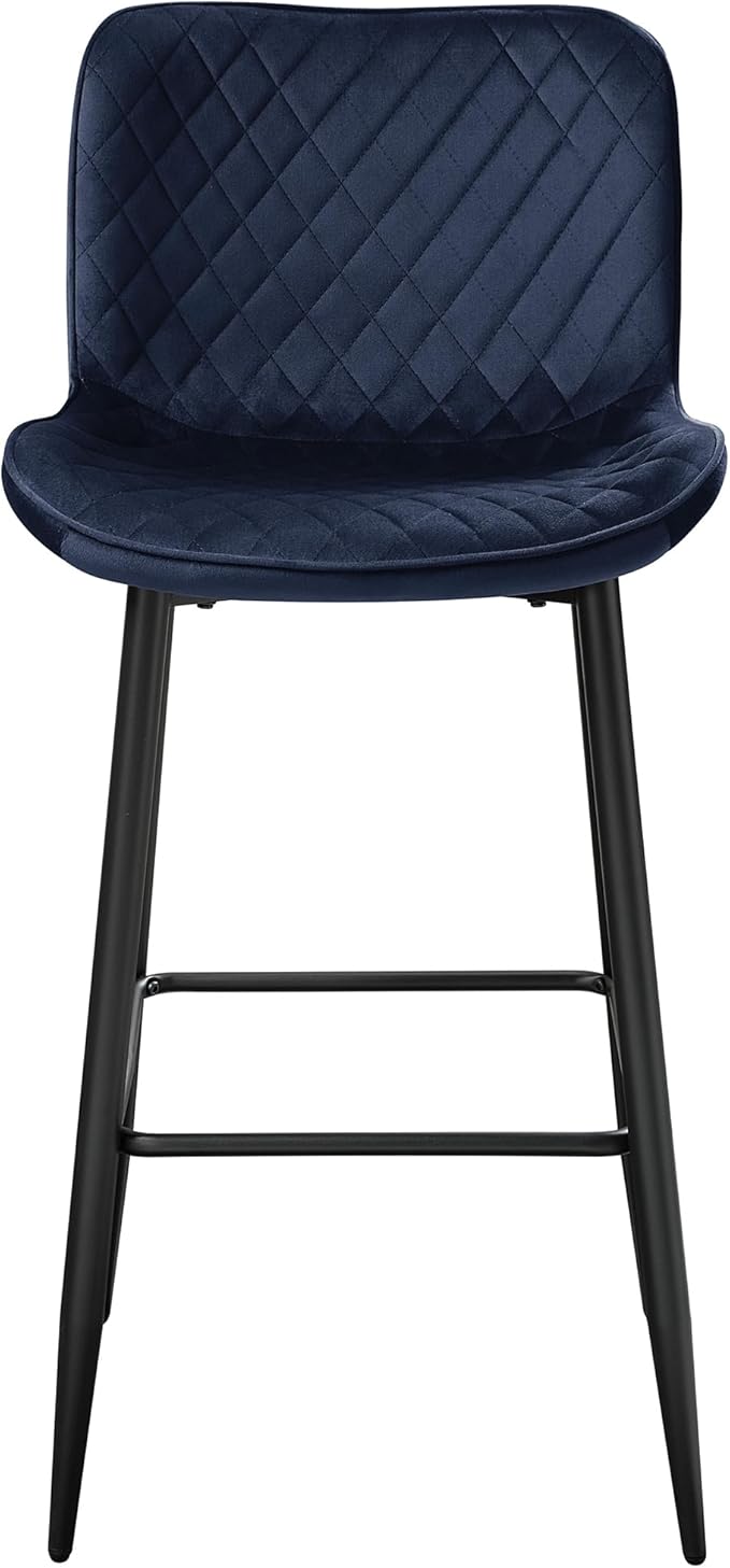 Lexicon Bar Stools Set of 2 - Bar Height Stools for Dining Room, Kitchen, Solid Padded Back, Tall, Black Metal Finish and Blue Velvet Cushion Seat, 29''SH