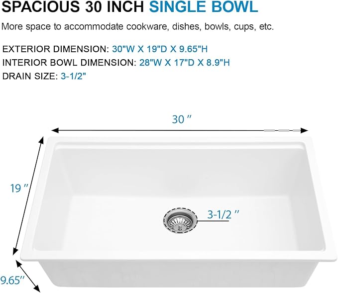 30 White Undermount Kitchen Sink Sink - 30''x19'' Granite Composite 9'' Deep Workstation Sink Ledge Quartz Classic Under Counter Single Bowl Basin