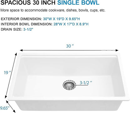 30 White Undermount Kitchen Sink Sink - 30''x19'' Granite Composite 9'' Deep Workstation Sink Ledge Quartz Classic Under Counter Single Bowl Basin