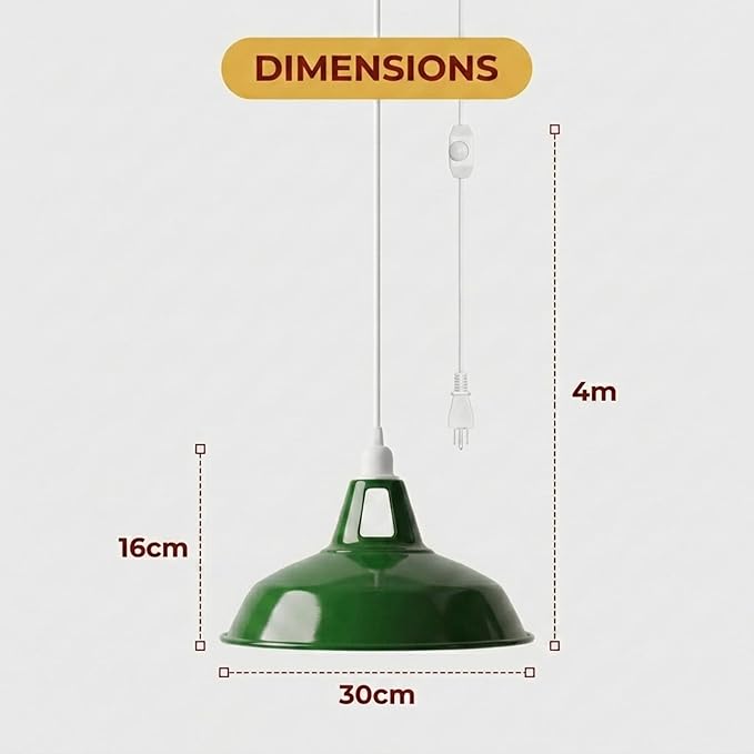 Plug in Pendant Light, 13.1FT Hanging Light with Plug in Cord and On/Off Switch, Industrial Green Barn Metal Shade Pendant Light for Kitchen Island, Dining Room, Bar, Cafe, Living Room, Green