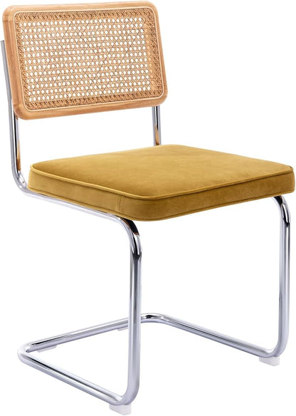 Zesthouse Dining Chairs Set of 4, Natural Rattan Accent Chairs with Solid Wood Back & Stainless Chrome Base, Mid Century Modern Breuer Design Inspired, Upholstered Velvet Kitchen Chairs, Yellow