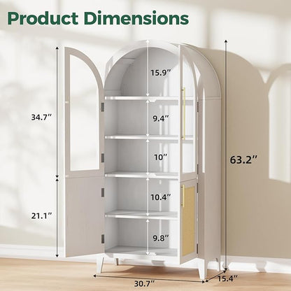 63" Arched Storage Cabinet, 5-Tier Modern Arched Cabinet with Glass Doors, Tall Arched Cabinet Adjustable for Living Room, Dining Room Office, White