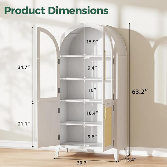 63" Arched Storage Cabinet, 5-Tier Modern Arched Cabinet with Glass Doors, Tall Arched Cabinet Adjustable for Living Room, Dining Room Office, White
